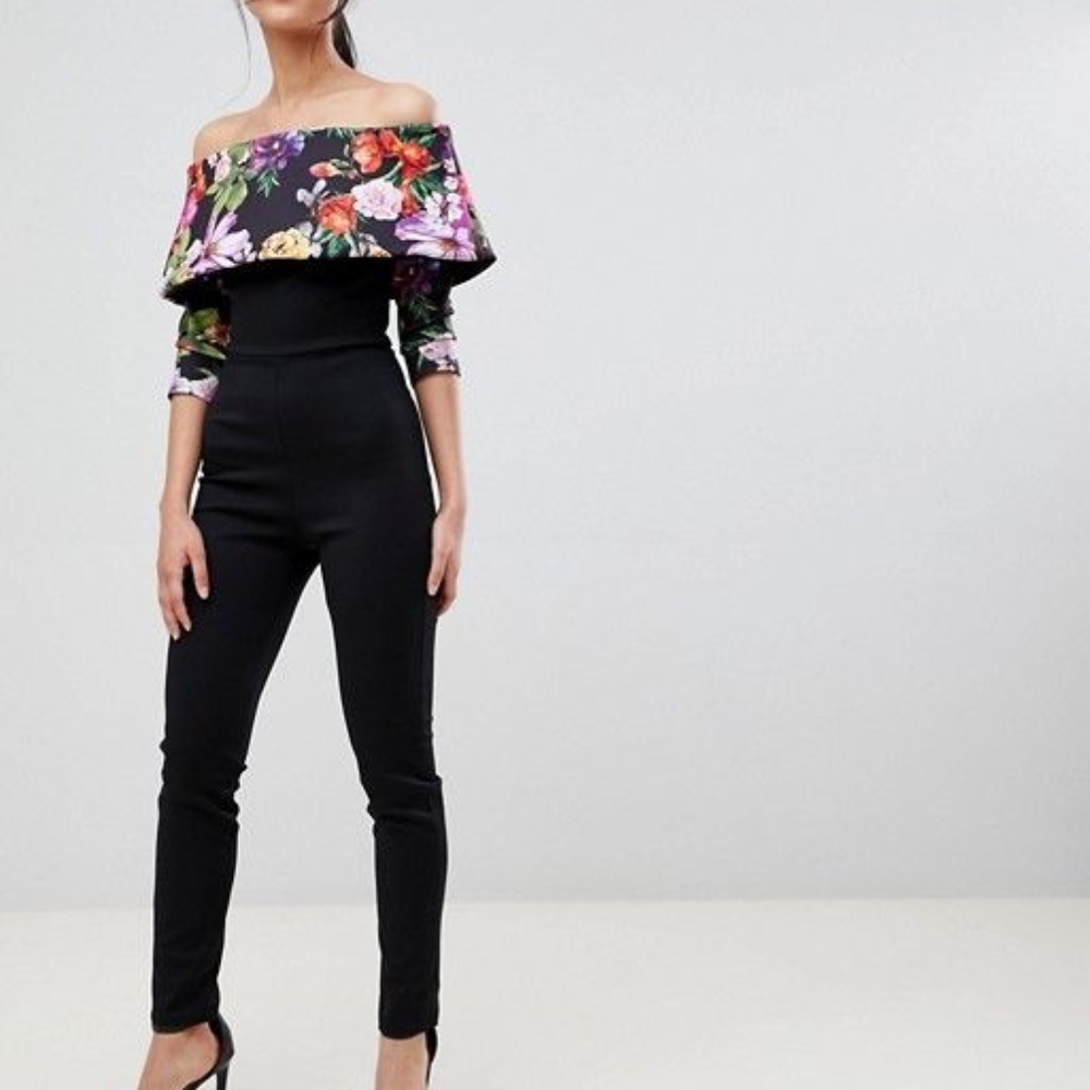 NWT True Violet Off Shoulder Jumpsuit with Floral Print